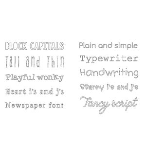May include: A graphic design image showing different font styles with text examples. The text includes: "BLOCK CAPITALS", "Tall and Thin", "Playful wonky", "Heart i's and j's", "Newspaper font", "Plain and simple", "Typewriter", "Handwriting", "Starry i's and j's", and "Fancy script".