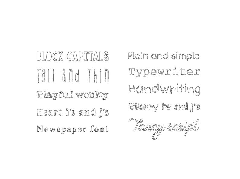 May include: A graphic design image showing different font styles with text examples. The text includes: "BLOCK CAPITALS", "Tall and Thin", "Playful wonky", "Heart i's and j's", "Newspaper font", "Plain and simple", "Typewriter", "Handwriting", "Starry i's and j's", and "Fancy script".