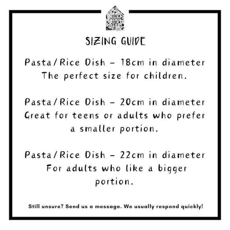 May include: Sizing guide for pasta or rice dishes.  The guide shows three different sizes: 18 cm, 20 cm, and 22 cm in diameter.  The guide suggests that the 18 cm dish is perfect for children, the 20 cm dish is great for teens or adults who prefer a smaller portion, and the 22 cm dish is for adults who like a bigger portion.