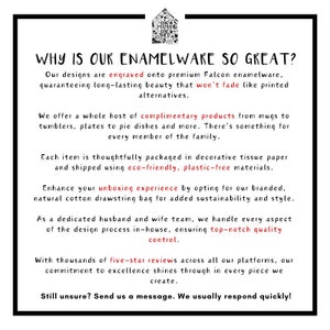 May include: Text explaining why enamelware is great. It highlights the use of premium Falcon enamelware, eco-friendly packaging, and a dedicated husband and wife team who handle every aspect of the design process. It also mentions thousands of five-star reviews.