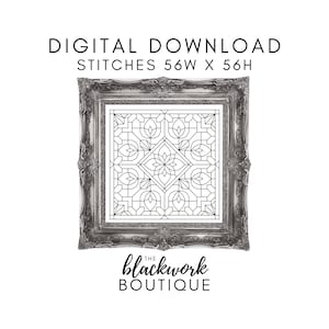 Pode incluir: Download digital em preto e branco de um design geométrico, emoldurado em uma moldura prateada decorativa. O texto "DIGITAL DOWNLOAD" e "STITCHES 56W X 56H" estão no topo. A parte inferior da moldura tem o texto "the blackwork BOUTIQUE".