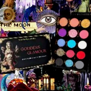 Puede incluir: Un collage con una paleta de maquillaje de varios colores, un letrero que dice "Goddess Glamour" y elementos celestiales como lunas y estrellas. La imagen tiene un tema místico, con velas y una rosa.