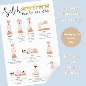Può includere: Una stampa digitale intitolata "Guida passo passo alla Salah" per bambini. La guida presenta illustrazioni che dimostrano i passaggi della preghiera. Il testo include "Divertente e facile da seguire con simpatiche illustrazioni".