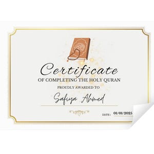 Customizable Quran Certificate|Quran Completion|Islam| Islamic Gifts|Quran Certificate|Personalised Items
