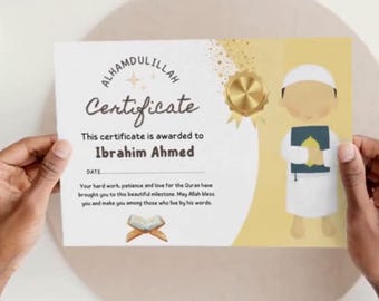 May include: A certificate with the words "ALHAMDULILLAH Certificate" and the name "Ibrahim Ahmed". The certificate has a gold seal and a cartoon illustration of a person in a white robe and hat. The certificate is held by two hands.