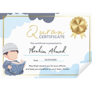Customizable Quran Certificate, Quran, Personalised Certificate, Personalised Items, Personalised gifts, Islamic Prints, Quran completion
