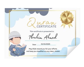 May include: A Quran certificate with a gold seal and ribbon, featuring a cartoon illustration of a person reading a book. The certificate has a light blue and gold color scheme, with the name "Ibrahim Ahmed" and the date "01/01/2025" printed on it.
