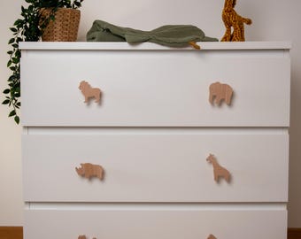 動物の家具のノブ、木製 - サファリの子供部屋の装飾、サファリのテーマ - 引き出しのノブ、ドレッサーのノブ
