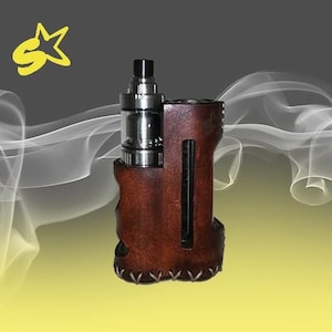 May include: A brown leather vape mod with a silver atomizer and a clear glass tank. The mod has a stitched design and a silver metal band around the middle.