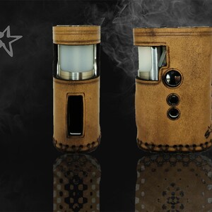 May include: Two brown leather cases for electronic devices. The cases have a stitched edge and a cutout for a button. One case has a cutout for a screen.