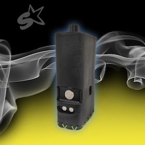 May include: A black leather vape cartridge case with green stitching and a silver button. The case has the word "GO" printed on it.