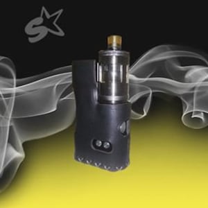 May include: A black leather vape mod case with a silver atomizer and a black and silver design. The case has a stitched edge and a small hole on the side.
