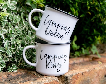 pair of Camping King Queen Ceramic Mugs, perfect camping gift