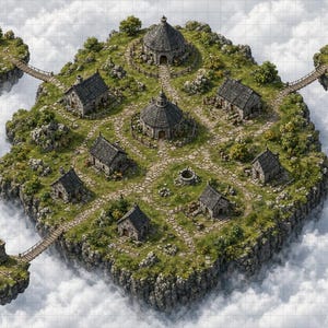 May include: A floating island map featuring a central village with stone cottages, circular buildings, and a well, connected by stone paths. Three smaller floating islets are linked to the main landmass by wooden bridges, all set above clouds.