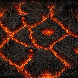 May include: A top-down view of a tabletop gaming battle map featuring dark, cracked stone platforms separated by flowing rivers of bright orange lava. The terrain includes small arched stone bridges, sharp rock formations, and a circular lava pit.