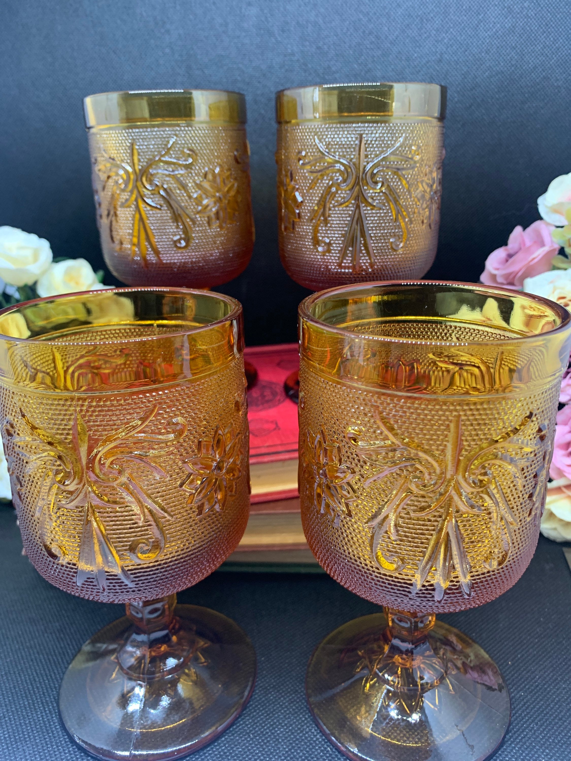 Tiara Exclusives Vintage Amber Glass Stemmed Water Glasses. Set of Four -  Etsy, image size:2250x3000