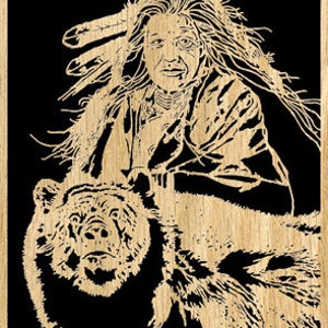 May include: A wood carving depicting a Native American woman with long, flowing hair and a headdress. She is seated on a bear, which is looking to the right. The carving is crafted in a traditional style, featuring intricate details.