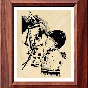 May include: A black and white illustration of a young girl in a riding helmet, looking up at a horse. The horse is wearing a bridle and has its head turned towards the girl.