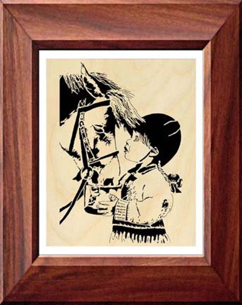 May include: A black and white illustration of a young girl in a riding helmet, looking up at a horse. The horse is wearing a bridle and has its head turned towards the girl.