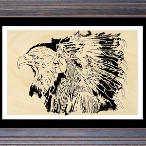 May include: Black and white wood carving of a Native American wearing a headdress and an eagle. The carving is framed in a dark wood frame.