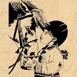 May include: A black and white illustration of a young person wearing a riding helmet and looking up at a horse. The horse is wearing a bridle and has its head turned towards the person.