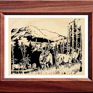 May include: Black and white silhouette of a mountain scene with a herd of elk in a forest. The elk are standing in a clearing in the woods, with trees and mountains in the background.