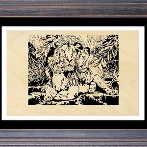 May include: A black and white wood carving of a lion and two cubs. The lion is sitting with its head up and its eyes closed. The cubs are sitting in front of the lion, one on each side. The carving is set against a background of tall grass.