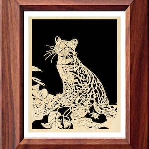 May include: A laser cut wood art piece of an ocelot sitting on a branch with leaves. The ocelot is a medium-sized wild cat with a spotted coat.