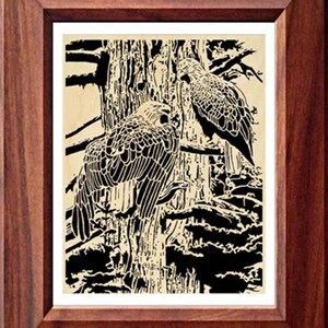 May include: Black and white silhouette of two eagles perched on a tree branch. The eagles are facing each other, with their wings spread out. The background is a forest scene with trees and branches.