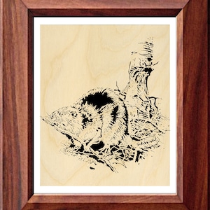 May include: A black and white silhouette of a beaver gnawing on a tree branch. The image is on a light wood background.