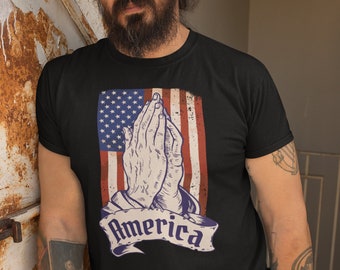 Pray for America Christian T-Shirt | Distressed Flag Shirt | Praying Hands Shirt for Faithful Patriotism | Patriotic Christian Apparel | 5XL