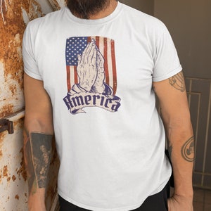 Pray for America Christian T-Shirt Distressed Flag Shirt Praying Hands Shirt for Faithful Patriotism Patriotic Christian Apparel 5XL image 2