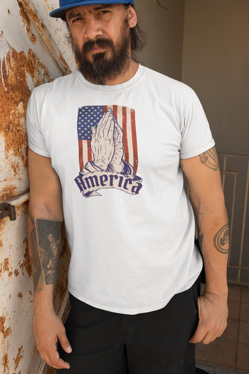 Pray for America Christian T-Shirt Distressed Flag Shirt Praying Hands Shirt for Faithful Patriotism Patriotic Christian Apparel 5XL image 2