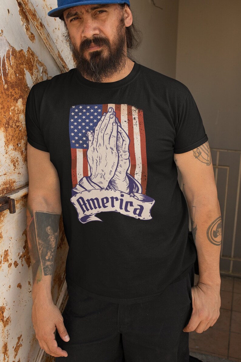 Pray for America Christian T-Shirt Distressed Flag Shirt Praying Hands Shirt for Faithful Patriotism Patriotic Christian Apparel 5XL image 1