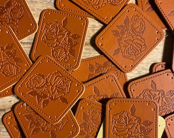 5/10 pieces of "Roses" labels, handmade faux leather labels, appliques, patches