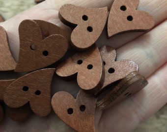 Heart-shaped wooden button / buttons approx. 20 x 16 mm with 2 holes