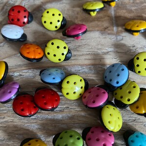 Può includere: Una collezione di bottoni a forma di coccinella in vari colori, tra cui rosso, giallo, rosa, blu, arancione e verde. Ogni bottone ha dei puntini neri e un bordo nero. I bottoni sono sparsi su una superficie di legno.