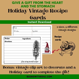 Holiday Vintage Recipe cards, Printable Christmas Vintage Scrapbooking Clip Art, Vintage Recipe cards, Vintage Holiday Card Great Gift