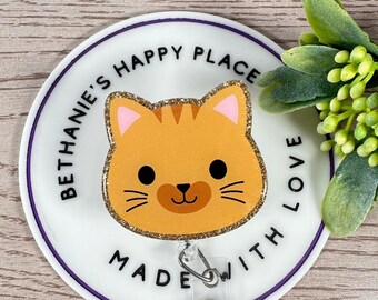 Orange Cat Face Retractable Badge Reel: Teacher Nurse ID Holder