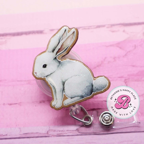 Bunny rabbit badge reel, rabbit badge holder, rabbit gifts, white rabbit badge clip, ID holder, lanyard, Easter badge reel, nurse badge clip