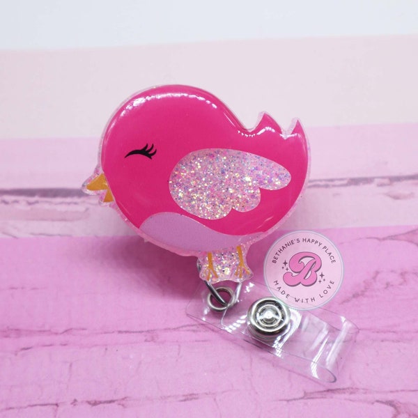 Pink bird badge reel, bird badge reel, pink bird lanyard, retractable ID badge holder, badge reel nurse, teacher badge holder