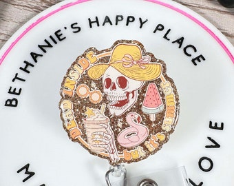 Dead inside but it's summer retractable badge reel, summer skeleton badge holder, RN badge clip, nurse gifts, lanyard, medical ID holder