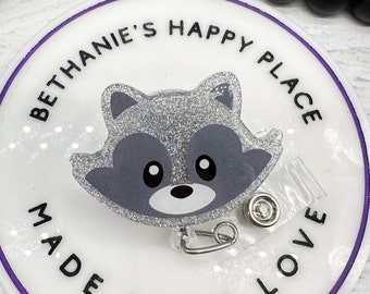 Raccoon Badge Reel: Glitter Acrylic Animal ID Holder
