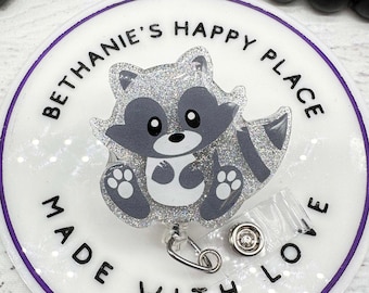 Raccoon Badge Reel: Glitter Acrylic Animal ID Holder