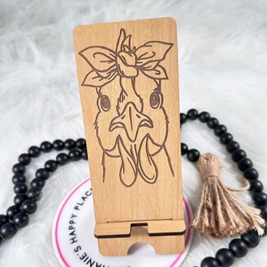 Chicken phone stand, chicken gifts for her, laser engraved wood phone holder, personalized phone accessories, farm decor, office, desk