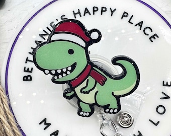 Christmas Dinosaur Badge Reel: Acrylic Dino ID Holder
