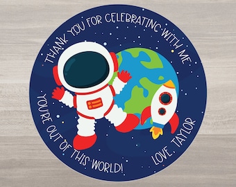 Space personalized birthday sticker - space thank you stickers - astronaut party favors - space treat bag stickers - astronaut thank you