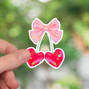 Cherry heart sticker, cherry decal, trendy sticker, cherry with pink bow, waterproof vinyl sticker for laptops and more