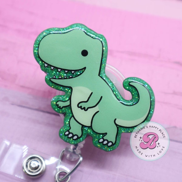 Dinosaur badge reel, t-rex badge reel, dino badge holder, happy dinosaur badge reel, dinosaur gifts, nurse badge clip, medical badge reel
