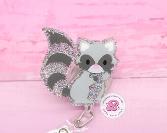 Glitter Racoon Badge Reel: Acrylic Retractable Badge Holder